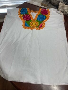 Mexican Folk Embroidered Huipil Dress tunic cover up  Boho Peasant Dress